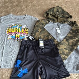 NWT BOYS Hurley Graphic Tee, Under Armour Shorts , Old Navy Zip Hoodie